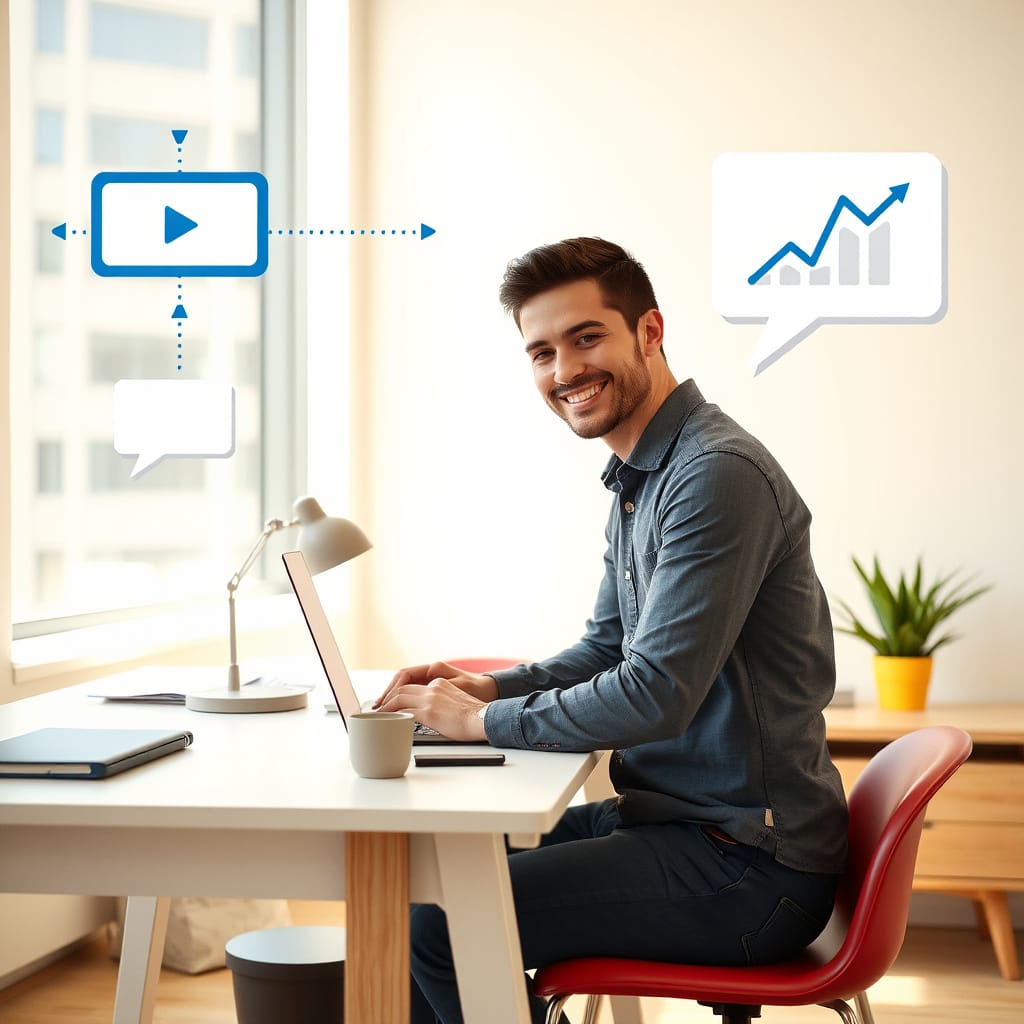 Man working on laptop with video icons above him